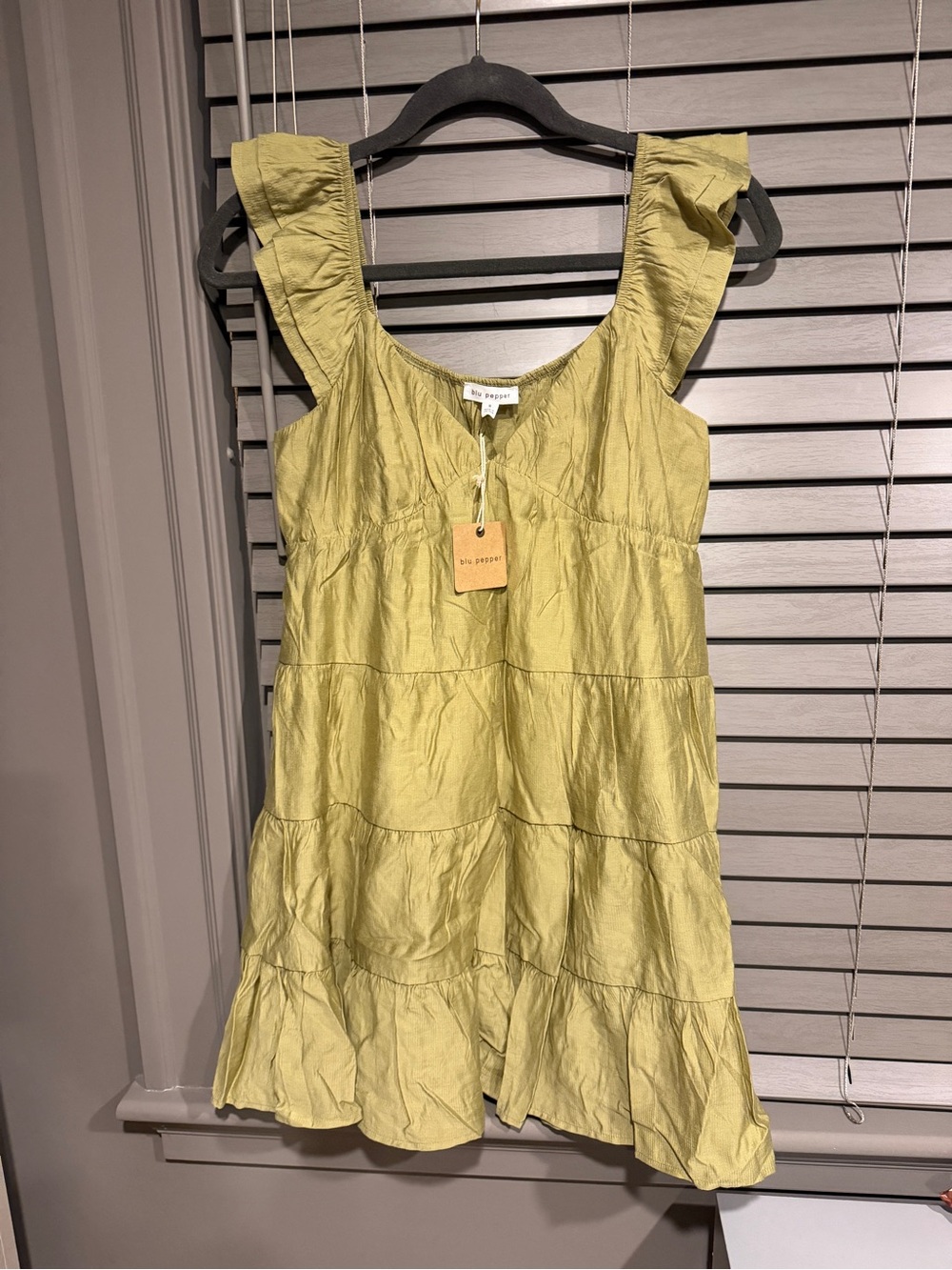 Ruffled Tiered Mini Dress in Chartreuse - by RUE + REY